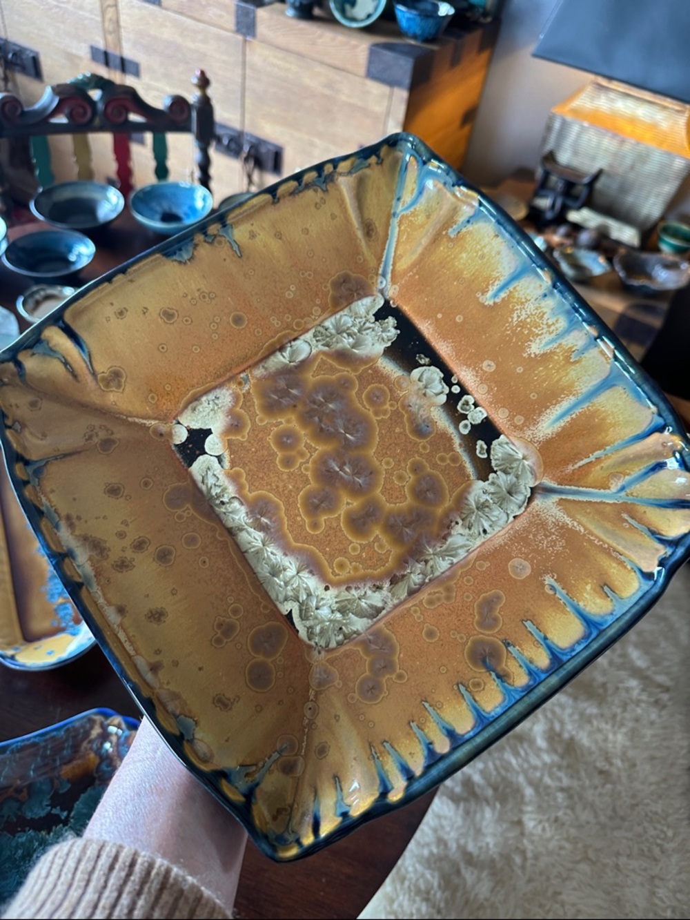 Handmade Edgecomb Pottery platter. Unique crystalline glaze. Bohemian home decor - Picture 3 of 15